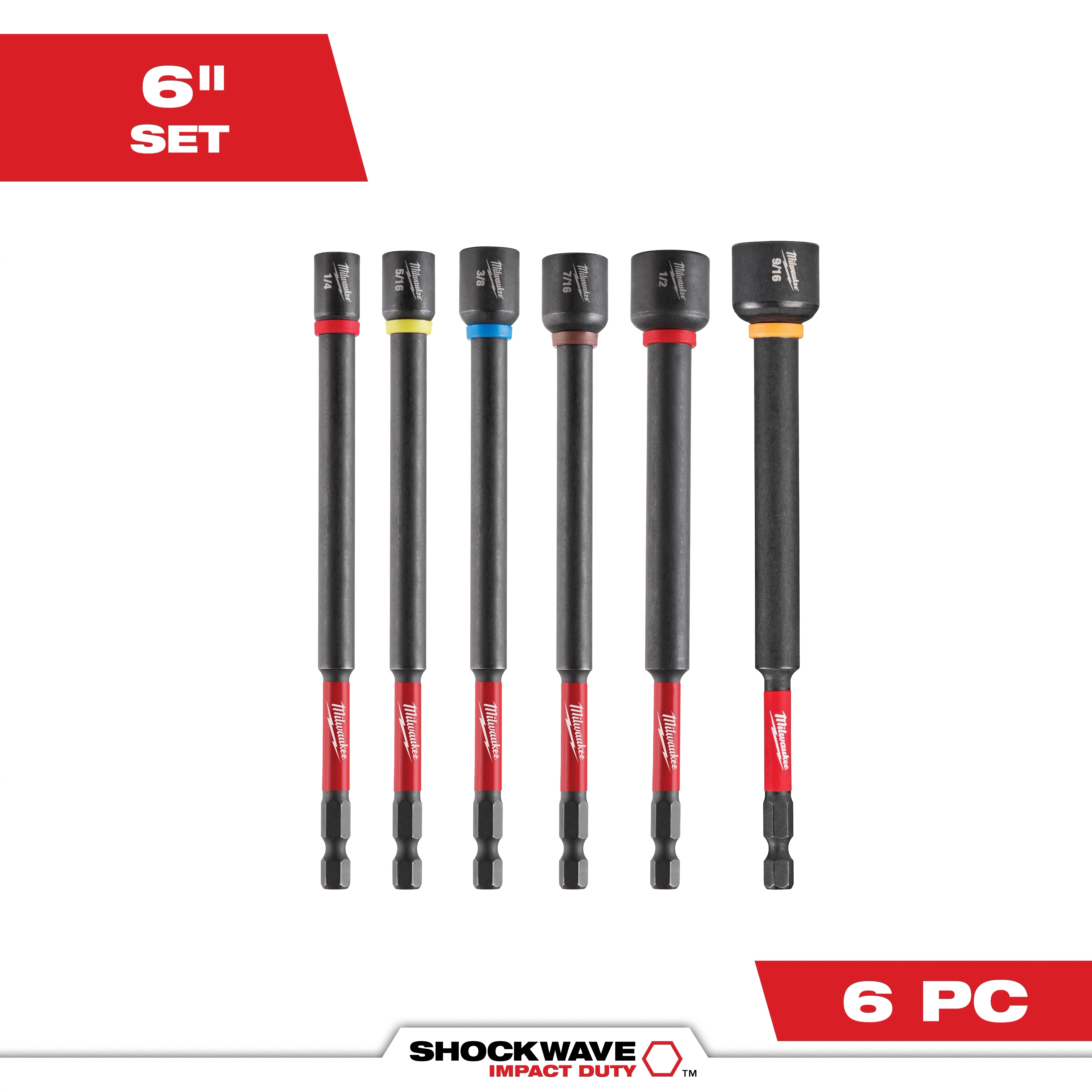 Image of the SHOCKWAVE Impact Duty™ 6" Magnetic Nut Driver Set 6PC, showcasing six black and red magnetic nut drivers with colored bands for size identification, arranged in a row. The product logo is displayed at the bottom, and text indicating "6" Set" and "6 PC" is shown in red and white.