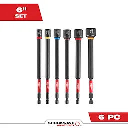 Image of the SHOCKWAVE Impact Duty™ 6" Magnetic Nut Driver Set 6PC, showcasing six black and red magnetic nut drivers with colored bands for size identification, arranged in a row. The product logo is displayed at the bottom, and text indicating "6" Set" and "6 PC" is shown in red and white.