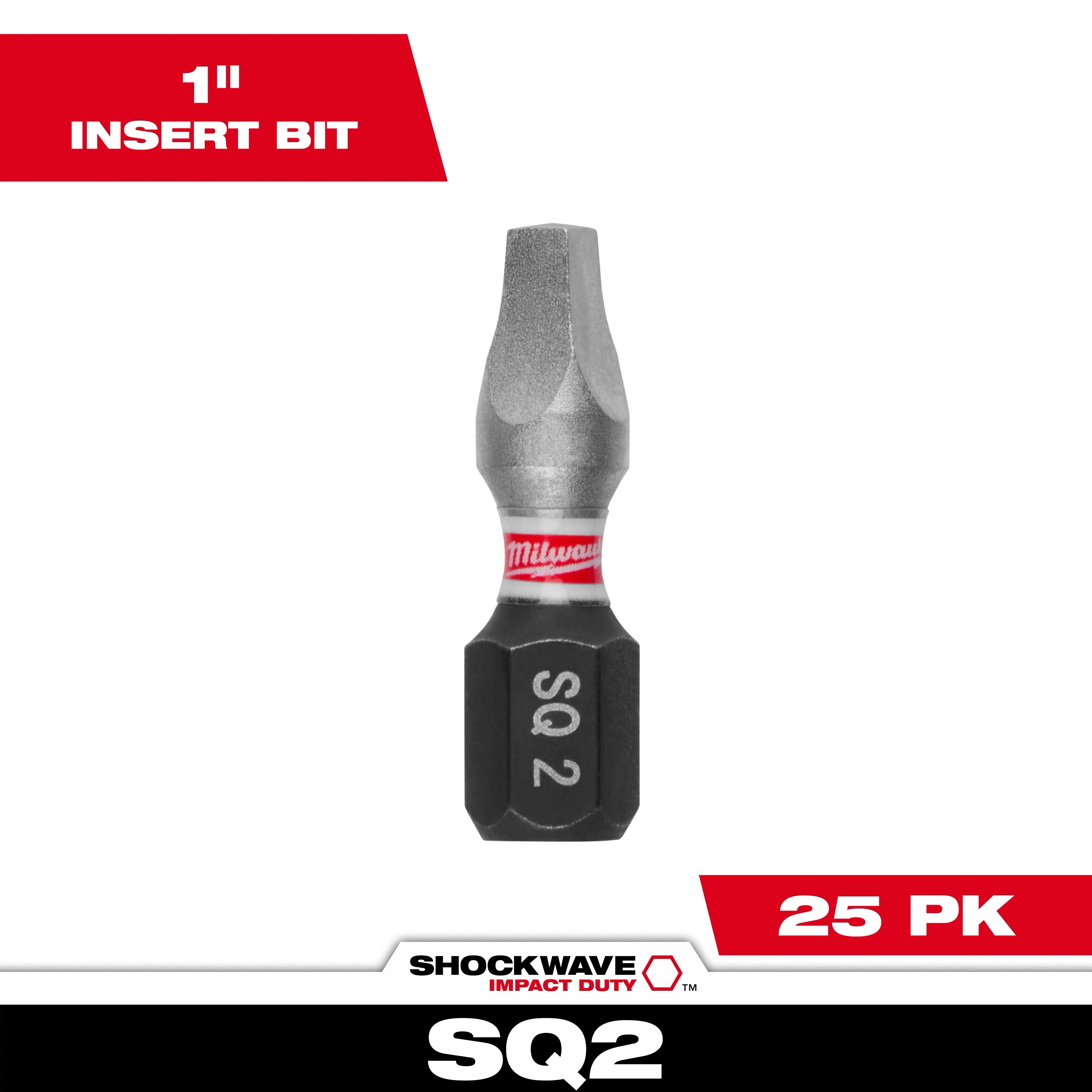 Image of a SHOCKWAVE™ 1" Impact Duty Square Recess #2 Insert Bit, 25-pack. The bit is labeled "SQ 2" and is designed for impact-duty applications. The packaging displays the product prominently with red and white labeling.
