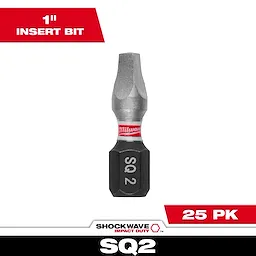 Image of a SHOCKWAVE™ 1" Impact Duty Square Recess #2 Insert Bit, 25-pack. The bit is labeled "SQ 2" and is designed for impact-duty applications. The packaging displays the product prominently with red and white labeling.