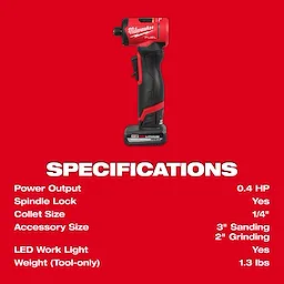 The image shows an M12 FUEL™ 1/4" Right Angle Die Grinder. Specifications: 0.4 HP power output, spindle lock, 1/4" collet size, 3" sanding and 2" grinding accessory sizes, LED work light, and 1.3 lbs weight. It is displayed with a red background and white text.