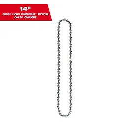A 14-inch chainsaw chain is displayed against a white background. The chain has a .325" low profile pitch and a .043" gauge, as indicated by the text in the red box located in the top left corner of the image.