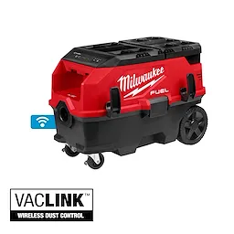 The image shows a Milwaukee M18 FUEL™ 9 Gallon Dual Battery Dust Extractor with PACKOUT™ Compatibility and VACLINK™ Wireless Dust Control. The extractor is red and black, has four wheels, and features large side handles for portability.