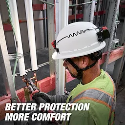 A worker wearing a BOLT 4PT Vented Safety Helmet - Type 2, Class C, with a headlamp and ear protection is operating pliers.