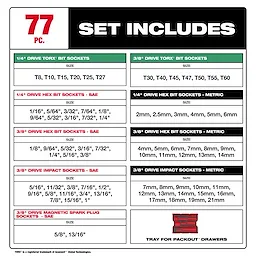 Label listing sizes for the 77 pc. 1/4” & 3/8” Drive Metric, SAE, & Torx Socket Set with Tray for PACKOUT Drawers.