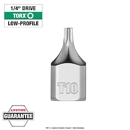 1/4" Drive T10 Low-Profile TORX Bit Socket, stainless steel, with "T10" engraved, featuring a compact design and lifetime guarantee.