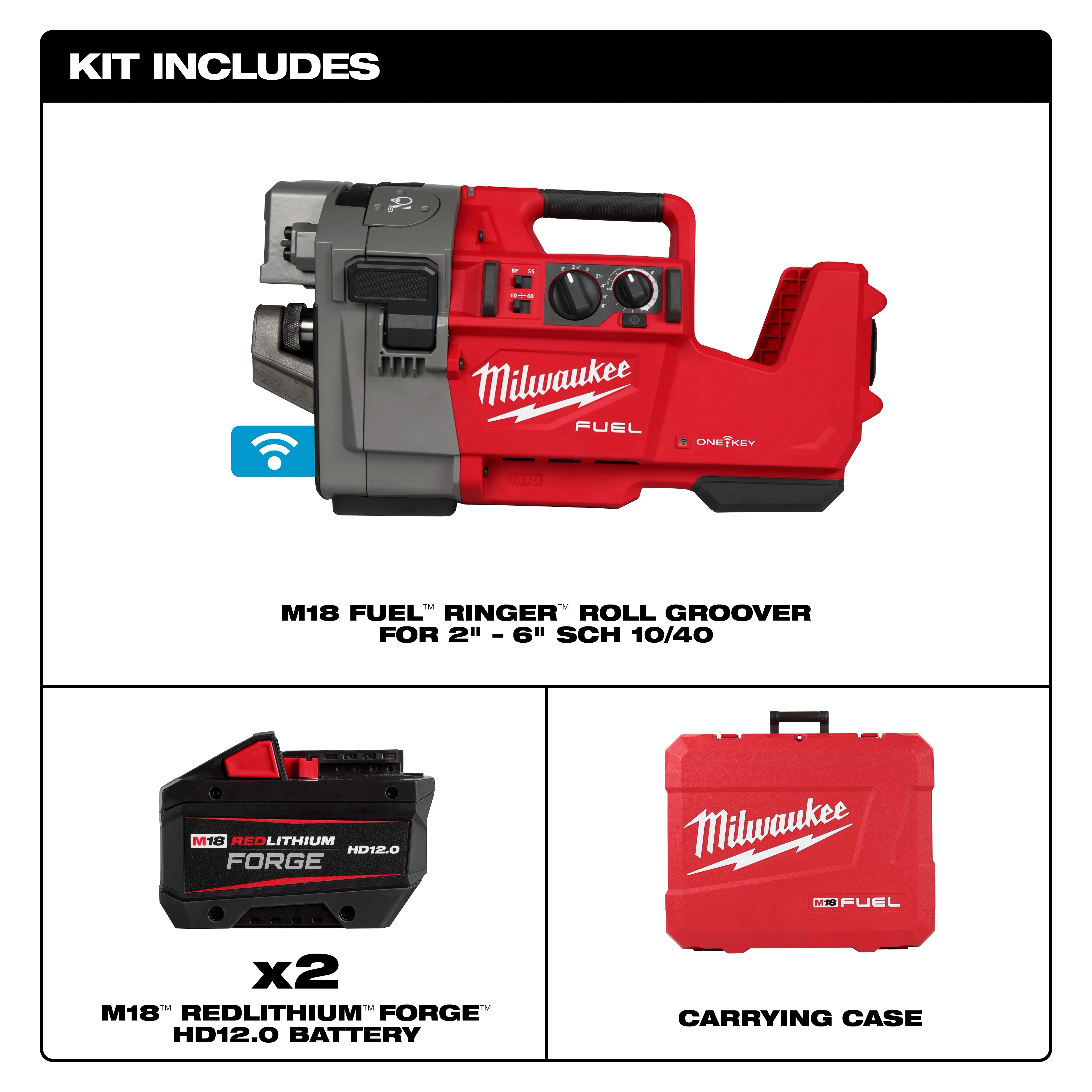 Image of the M18 FUEL™ RINGER™ Roll Groover for 2” - 6” SCH 10/40. The kit includes the roll groover, two M18™ REDLITHIUM™ FORGE™ HD12.0 batteries, and a red carrying case.