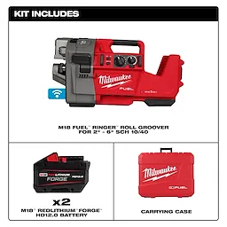 Image of the M18 FUEL™ RINGER™ Roll Groover for 2” - 6” SCH 10/40. The kit includes the roll groover, two M18™ REDLITHIUM™ FORGE™ HD12.0 batteries, and a red carrying case.