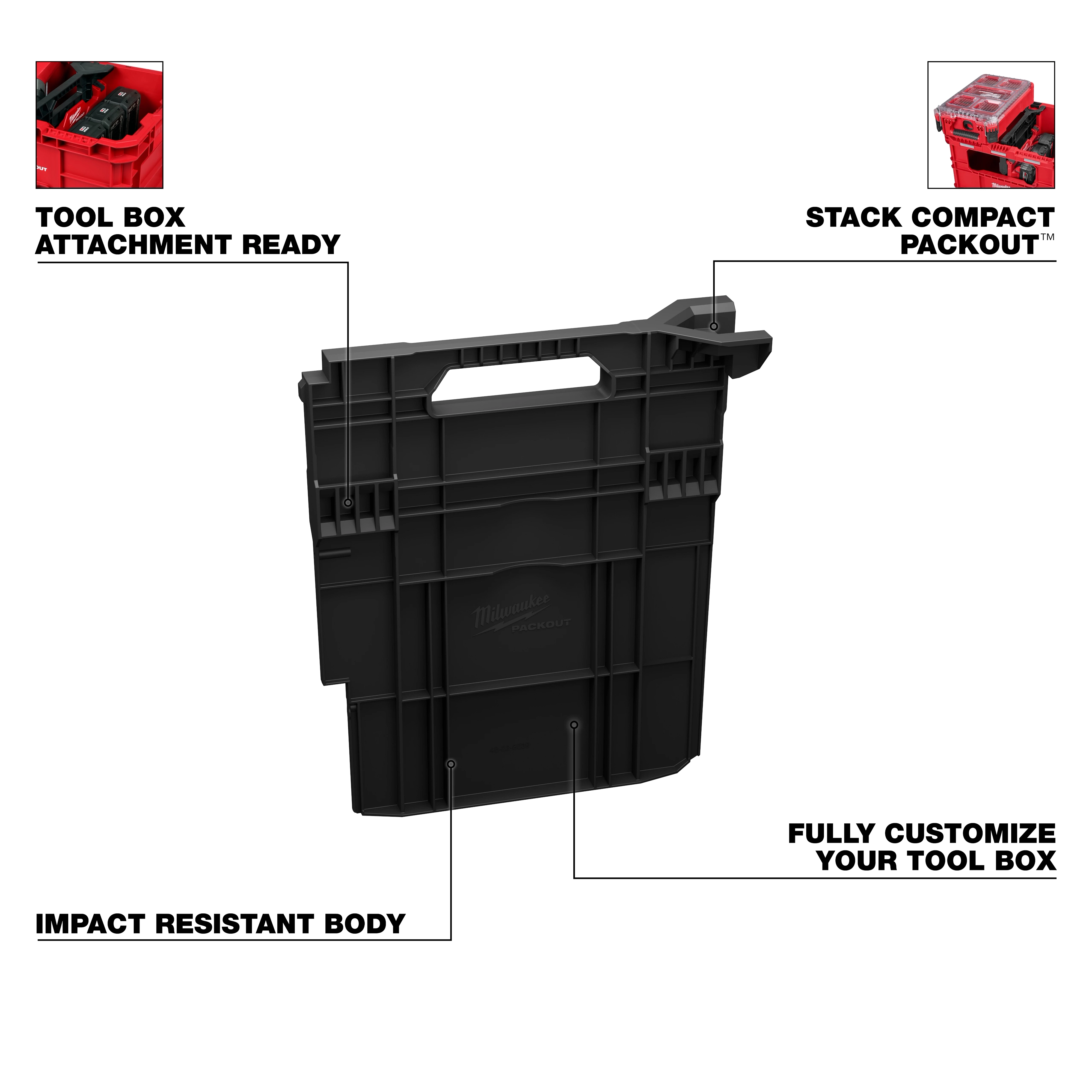 Divider for PACKOUT XL Crate shown upright with handle cutout and text callouts highlighting its toolbox features.