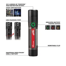 2160_21 Walk-Around flashlight with 800 lumens, high-definition output, USB charging port, battery status indicator, and removable clip.