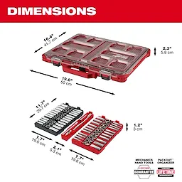 Image of the 98pc 3/8" 6-Pt and 12-Pt Metric & SAE Ratchet & Socket Set with PACKOUT™ Low-Profile Organizer. The red and black case dimensions are labeled. Included are various sockets and ratchets arranged neatly. The case measures 16.4 x 19.8 x 2.3 inches, available with a lifetime warranty.