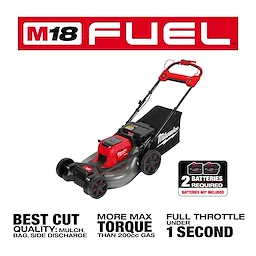 The image shows the M18 FUEL™ 21" Self-Propelled Dual Battery Mower. It's a red and black lawn mower with the Milwaukee brand, featuring a grass bag. Text highlights include "Best Cut Quality", "More Max Torque than 200cc Gas", "Full Throttle Under 1 Second", and "2 Batteries Required" (not included).