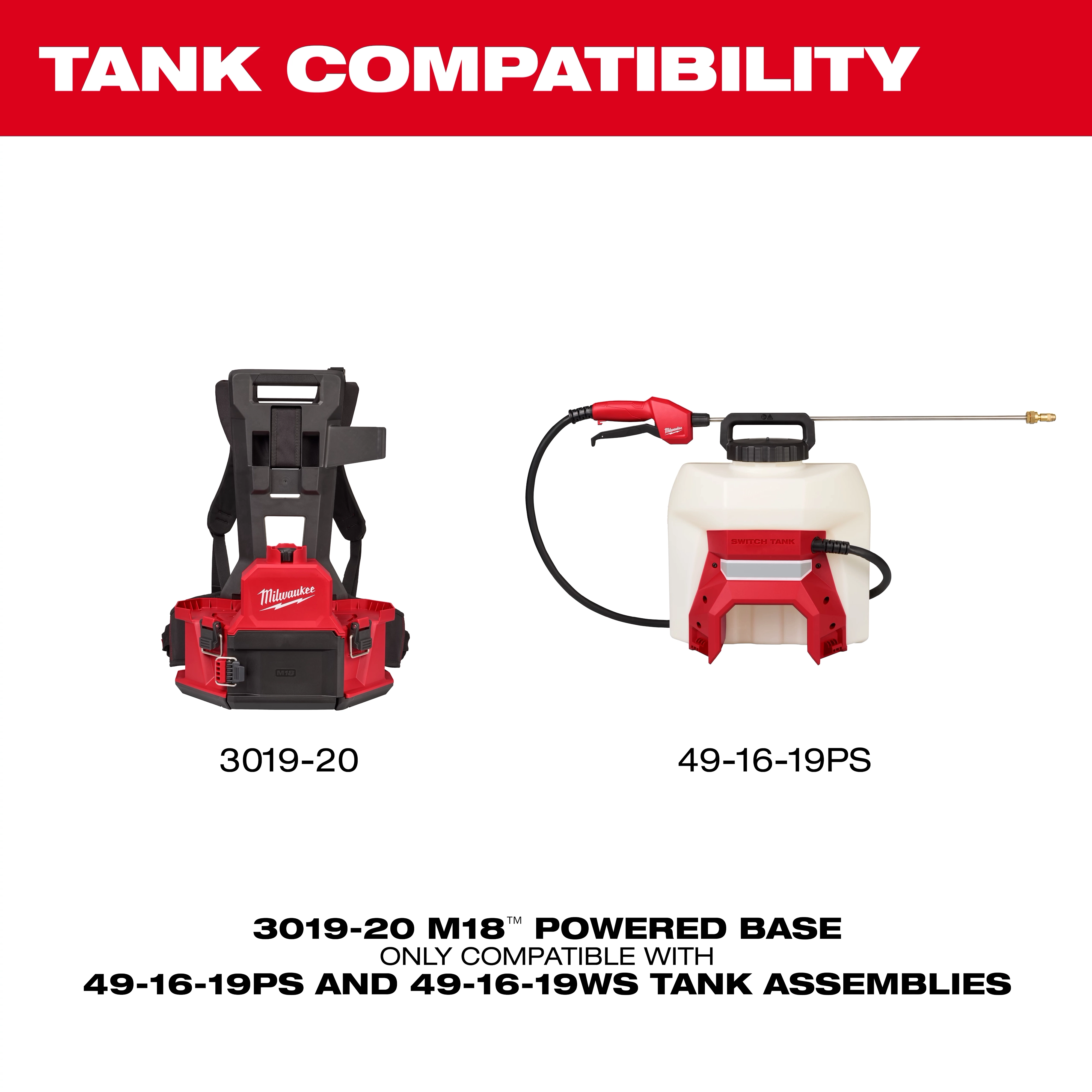 This image shows the 3019-20 M18 powered base paired with the 49-16-19PS tank assembly. The text indicates these items are compatible. The powered base is on the left, and the tank assembly with a sprayer is on the right.