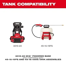 This image shows the 3019-20 M18 powered base paired with the 49-16-19PS tank assembly. The text indicates these items are compatible. The powered base is on the left, and the tank assembly with a sprayer is on the right.