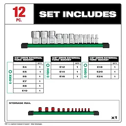 The image displays a 12-piece set of 1/4”, 3/8”, and 1/2” Drive External Torx Socket Set. The set includes sockets from E4 to E24, organized on a green storage rail. The set components are written and shown in detail in separate sections.