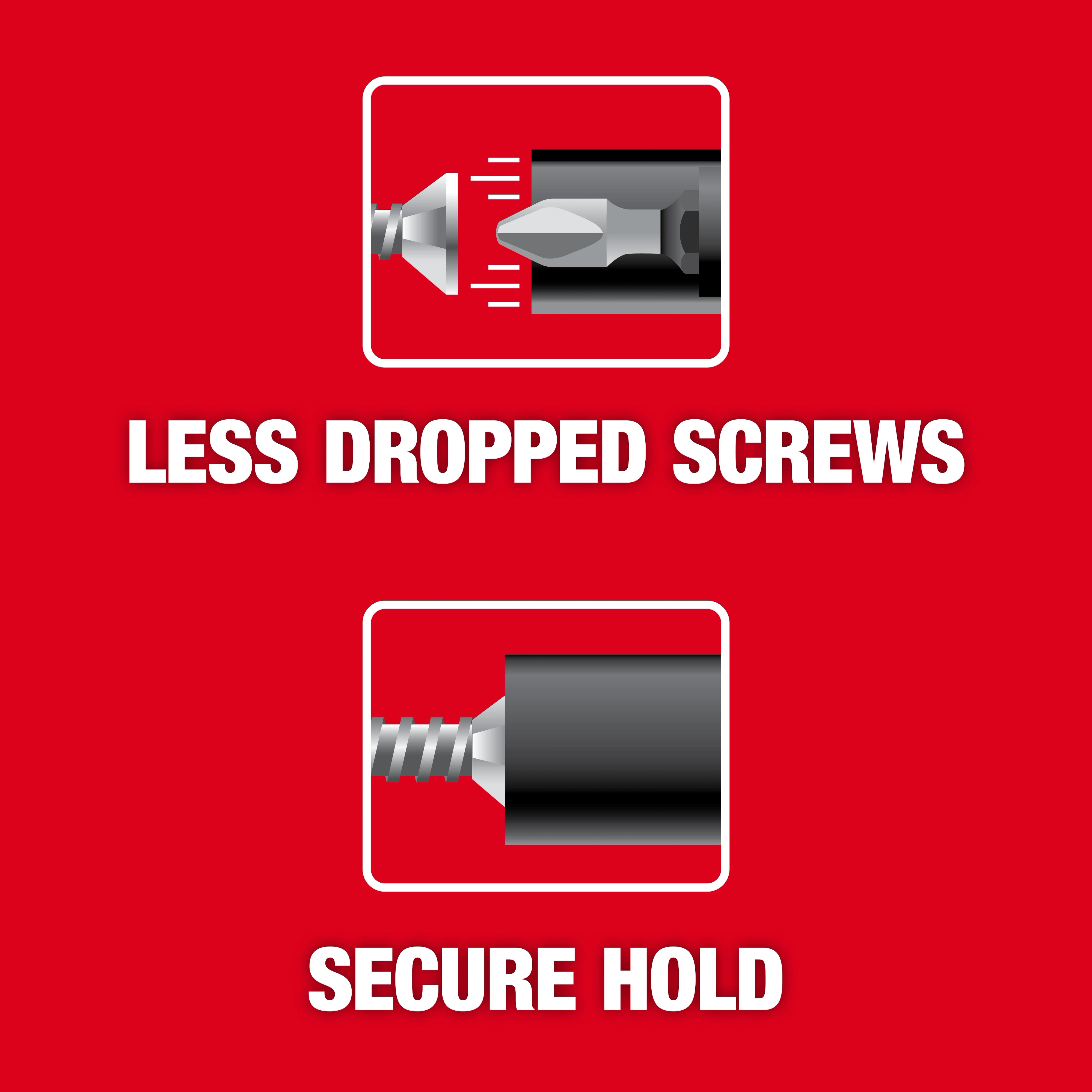 The image shows a screw and drill bit with the text "Less Dropped Screws" and "Secure Hold" on a red background. It highlights the features of a tool designed to prevent screws from falling and ensure a firm grip.