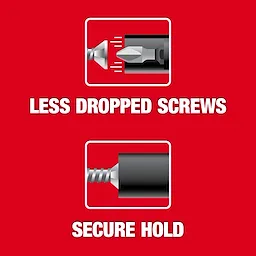 The image shows a screw and drill bit with the text "Less Dropped Screws" and "Secure Hold" on a red background. It highlights the features of a tool designed to prevent screws from falling and ensure a firm grip.
