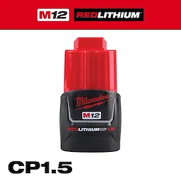M12™ REDLITHIUM™ CP1.5 Battery Pack by Milwaukee shown against a white background with the branding at the top. The compact battery has a red top and black base with the logo and specifications. The text "CP1.5" is displayed at the bottom.