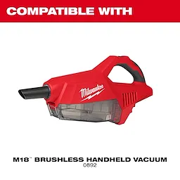 Milwaukee M18 Brushless Handheld Vacuum (model 0892) compatible with HEPA Filter, displayed in red with black nozzle and handle.