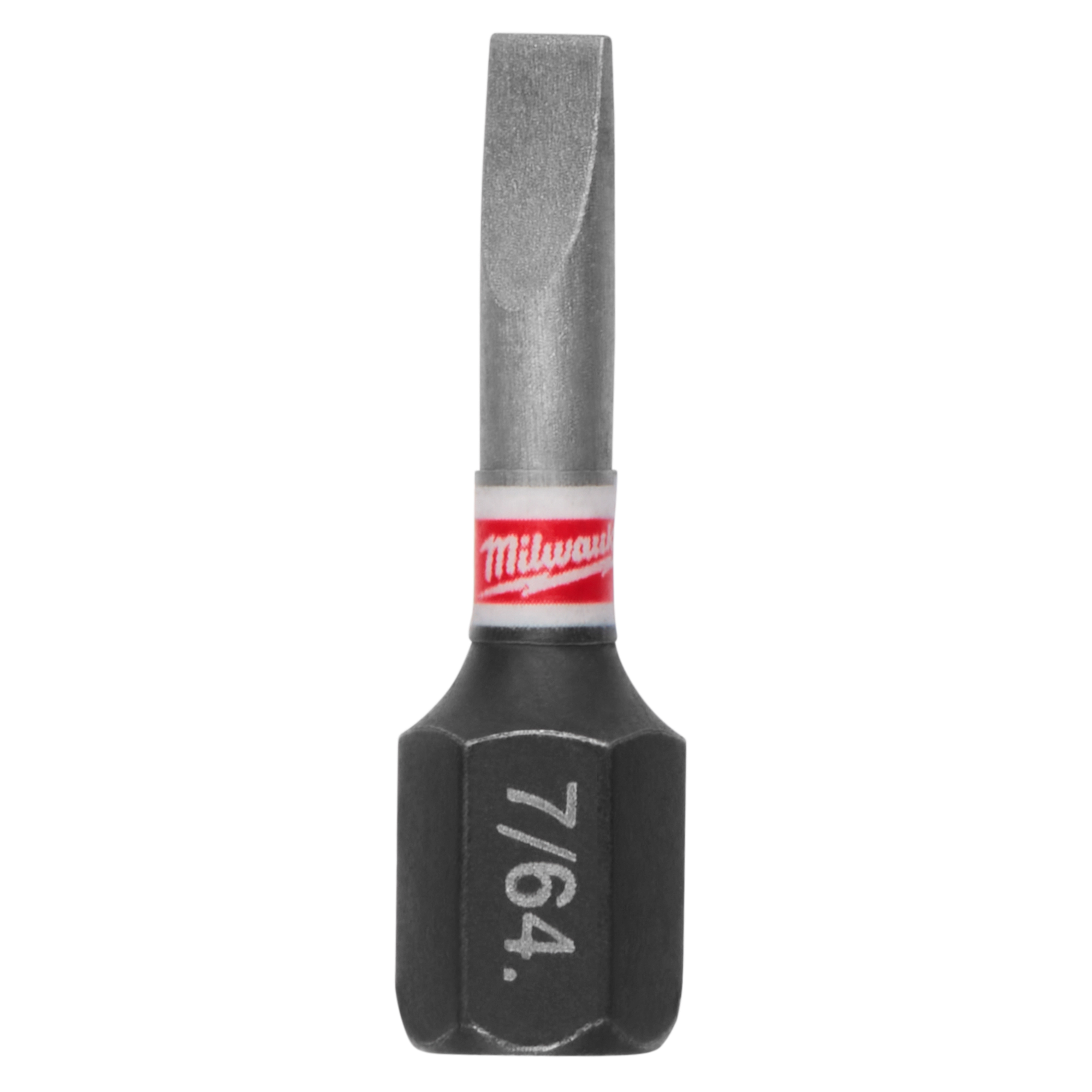 This image shows a Milwaukee brand screwdriver bit. It has a hexagonal base labeled "7/64" and a slotted tip. The upper part of the bit is metallic with a red and white band displaying the Milwaukee logo.