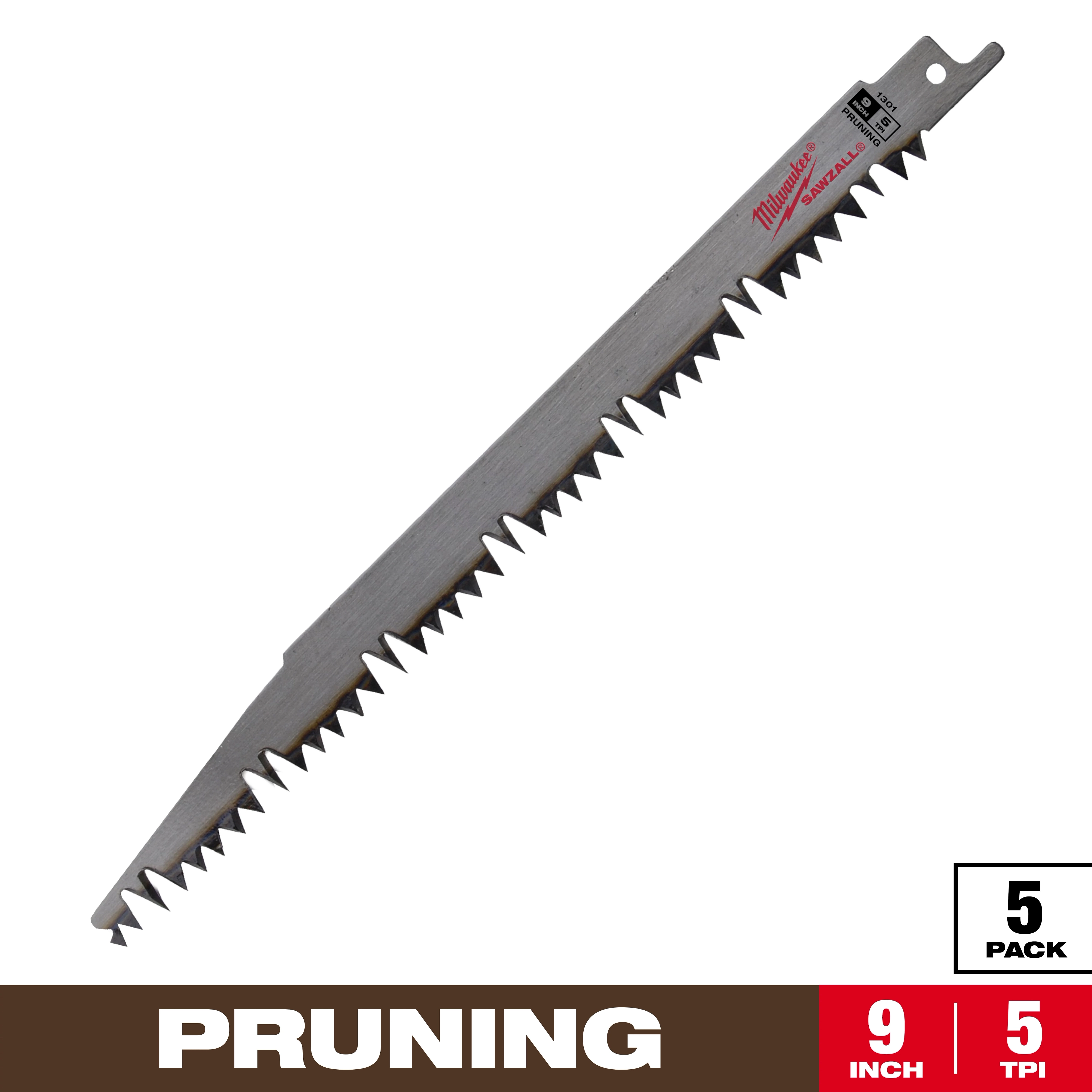 Milwaukee Sawzall pruning blade is designed for efficient cutting, featuring 9-inch length and 5 teeth per inch. The pack includes five blades. The blade's sharp, jagged teeth ensure precise cuts, making it ideal for pruning tasks. Milwaukee branding is visible near the blade's attachment end.