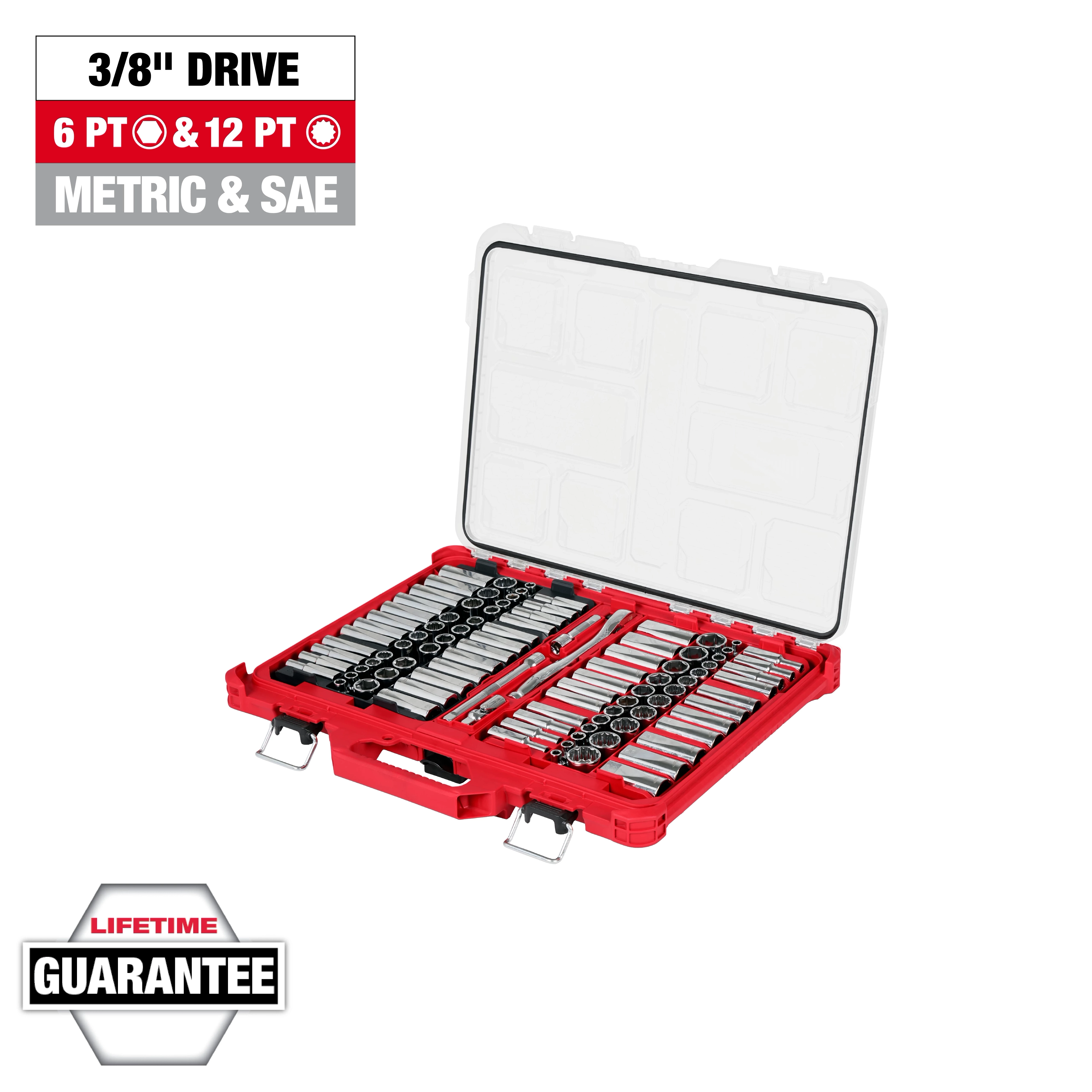 The image shows a 98pc 3/8" 6-Pt and 12-Pt Metric & SAE Ratchet & Socket Set with PACKOUT™ Low-Profile Organizer. The red organizer is open, displaying various sockets and tools neatly arranged inside. Labels indicate 6-point and 12-point sockets, metric and SAE measurements, and a lifetime guarantee.