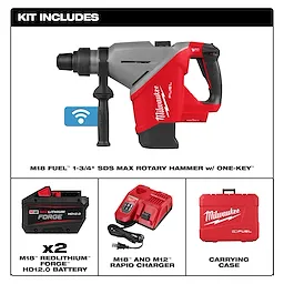 Milwaukee M18 FUEL 1-3/4" SDS MAX Rotary Hammer with ONE-KEY, two M18 REDLITHIUM HD12.0 batteries, rapid charger, and carrying case.