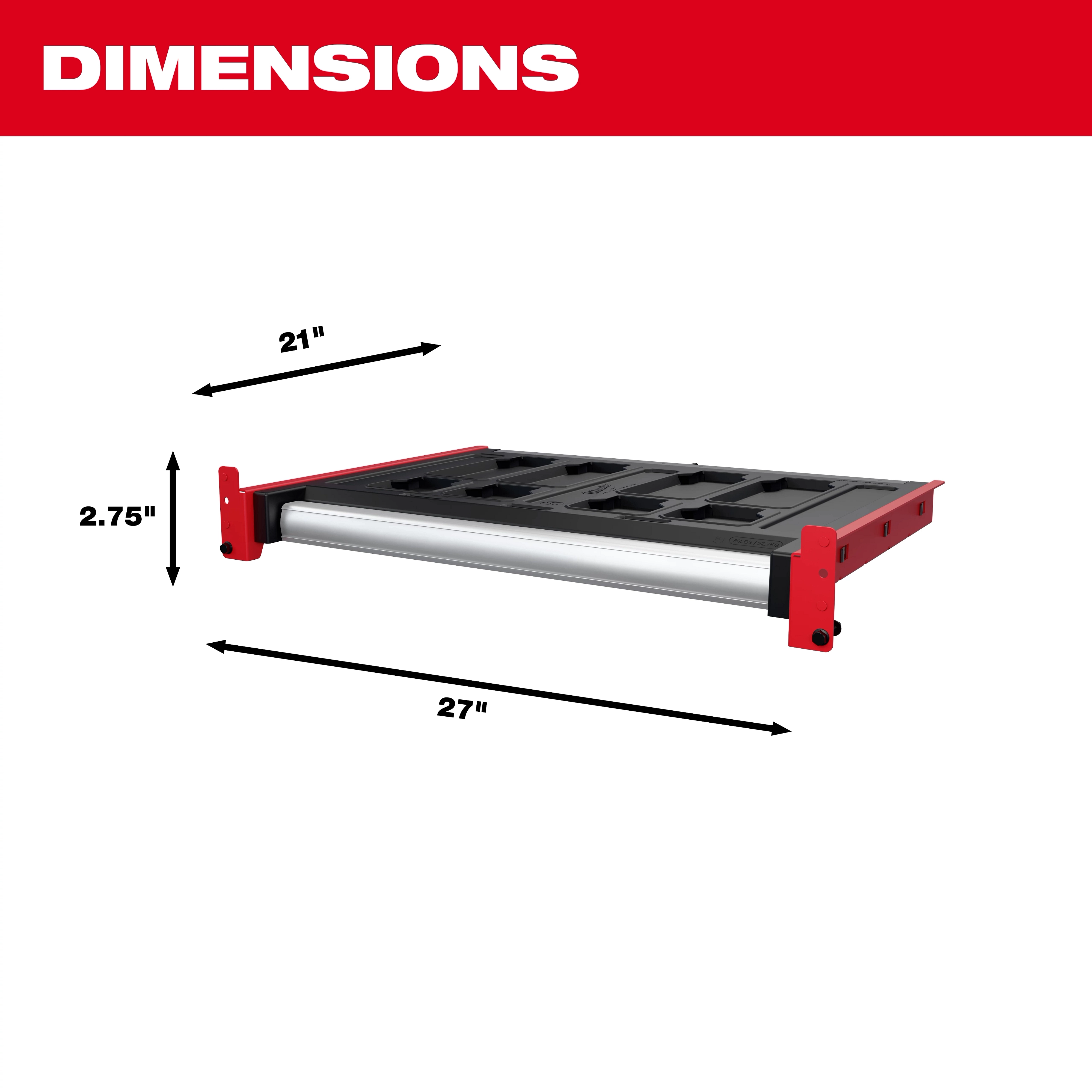 The PACKOUT™ Rack Drawer is a rectangular, low-profile drawer system with dimensions of 21 inches in width, 2.75 inches in height, and 27 inches in depth. It features a black top with red sides and a silver handle at the front.