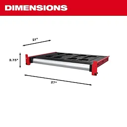 The PACKOUT™ Rack Drawer is a rectangular, low-profile drawer system with dimensions of 21 inches in width, 2.75 inches in height, and 27 inches in depth. It features a black top with red sides and a silver handle at the front.