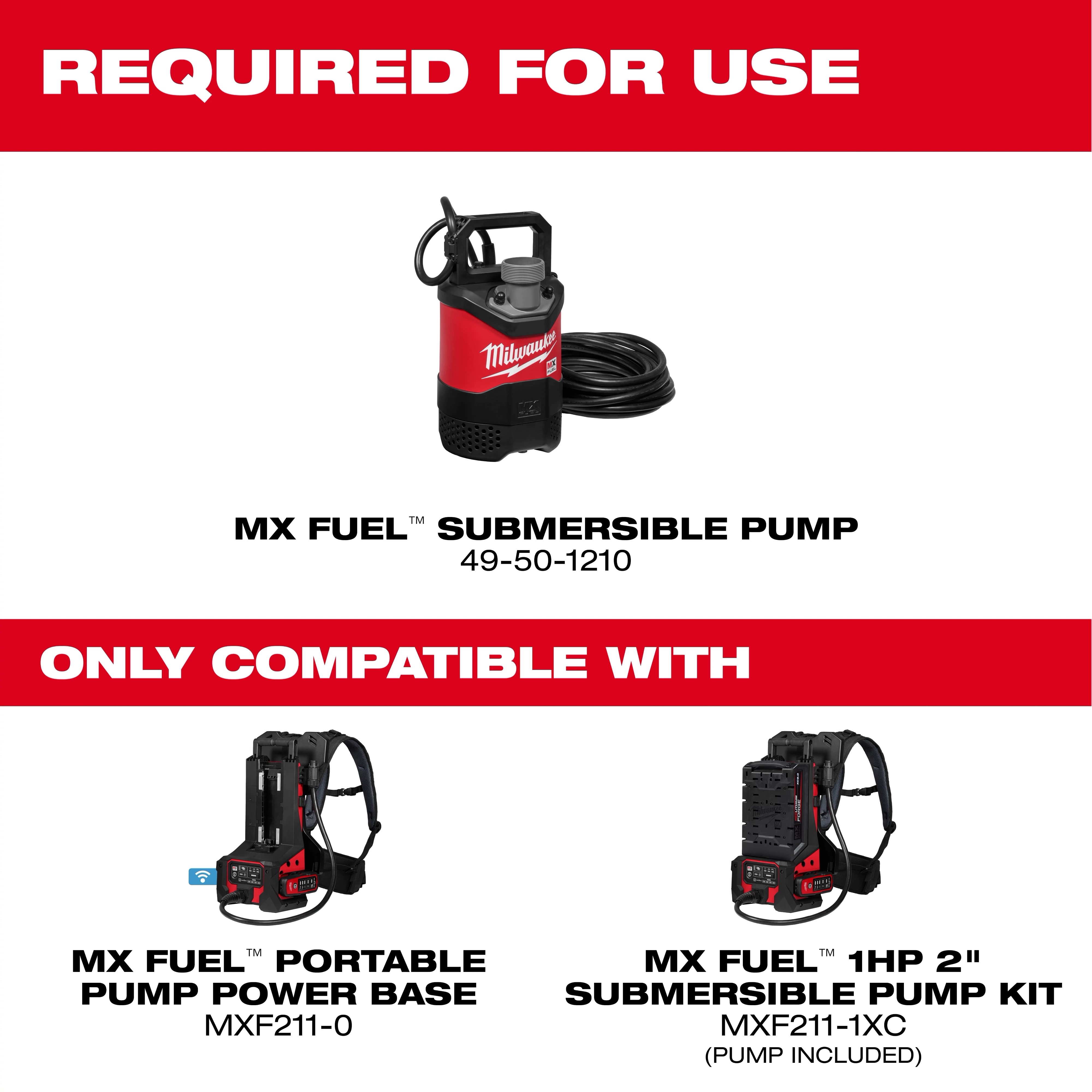 Image showing the MX FUEL™ Portable Pump Power Base, the MX FUEL™ Submersible Pump, and the MX FUEL™ 1HP 2" Submersible Pump Kit. Text indicates that the MX FUEL™ Submersible Pump is required for use and only compatible with the MX FUEL™ Portable Pump Power Base and the MX FUEL™ 1HP 2" Submersible Pump Kit.