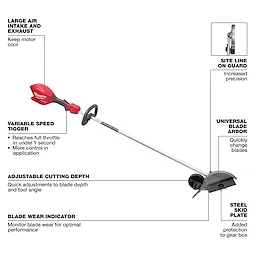 The image depicts a Milwaukee M18 FUEL™ Edger, highlighting its features such as a large air intake and exhaust, variable speed trigger, adjustable cutting depth, blade wear indicator, steel skid plate, universal blade arbor, and site line on guard for increased precision.