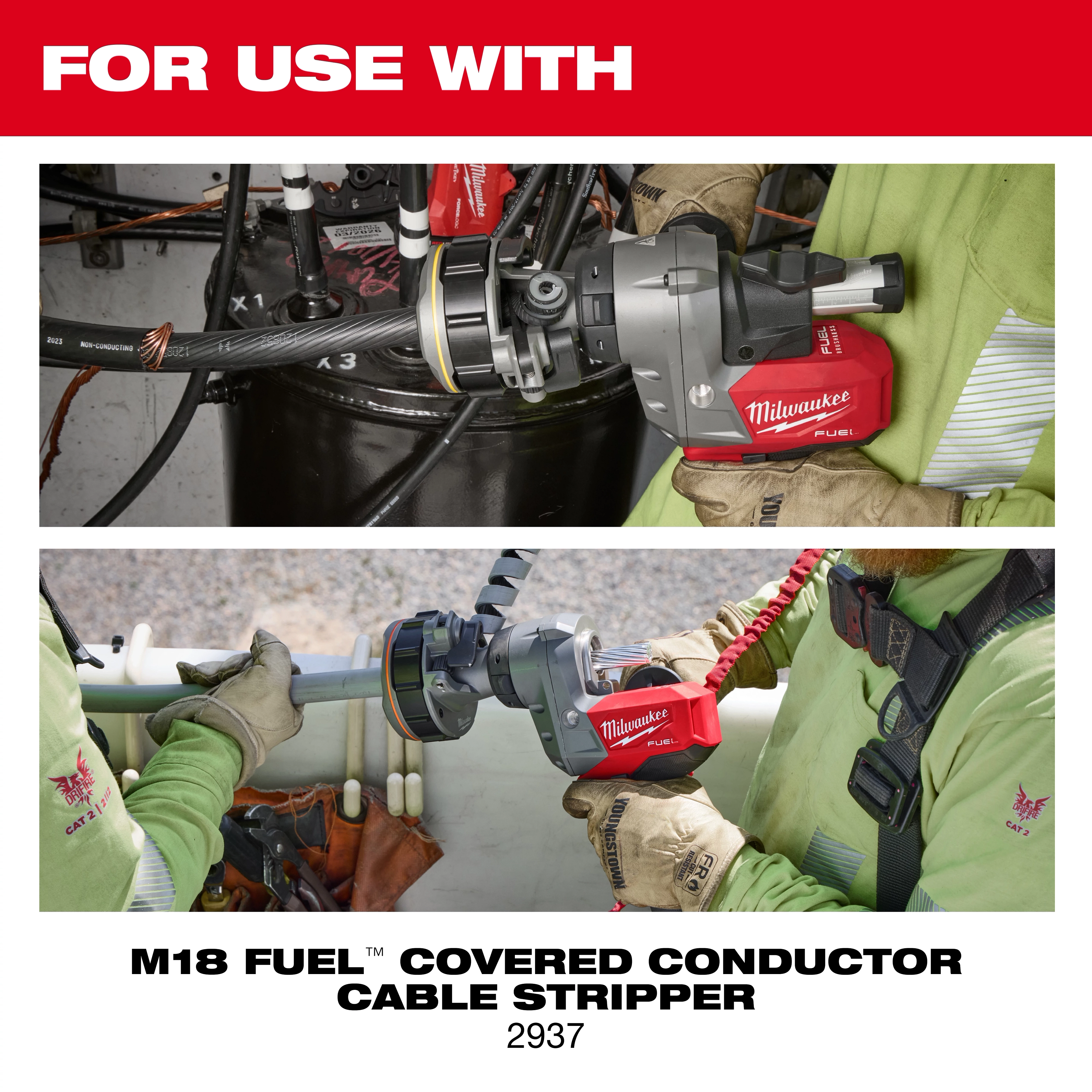 The Adjustable Bushing for M18 FUEL™ Covered Conductor Cable Stripper is shown in use. Two images demonstrate its functionality on different cables, with the workers operating the cable stripper tool to remove insulation from electrical conductors. The product is specified for use with the M18 FUEL™ system.