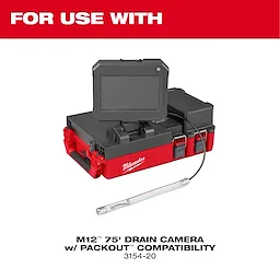 Image shows the M12™ 75' Drain Camera with PACKOUT™ Compatibility Accessories. The device features a small camera attached to a long cable, with a monitor and rugged red case. The text "FOR USE WITH" is displayed above the product.