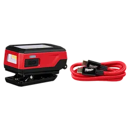 Milwaukee Rechargeable Clip Light in red and black with an attached clip, alongside a red braided USB charging cable.