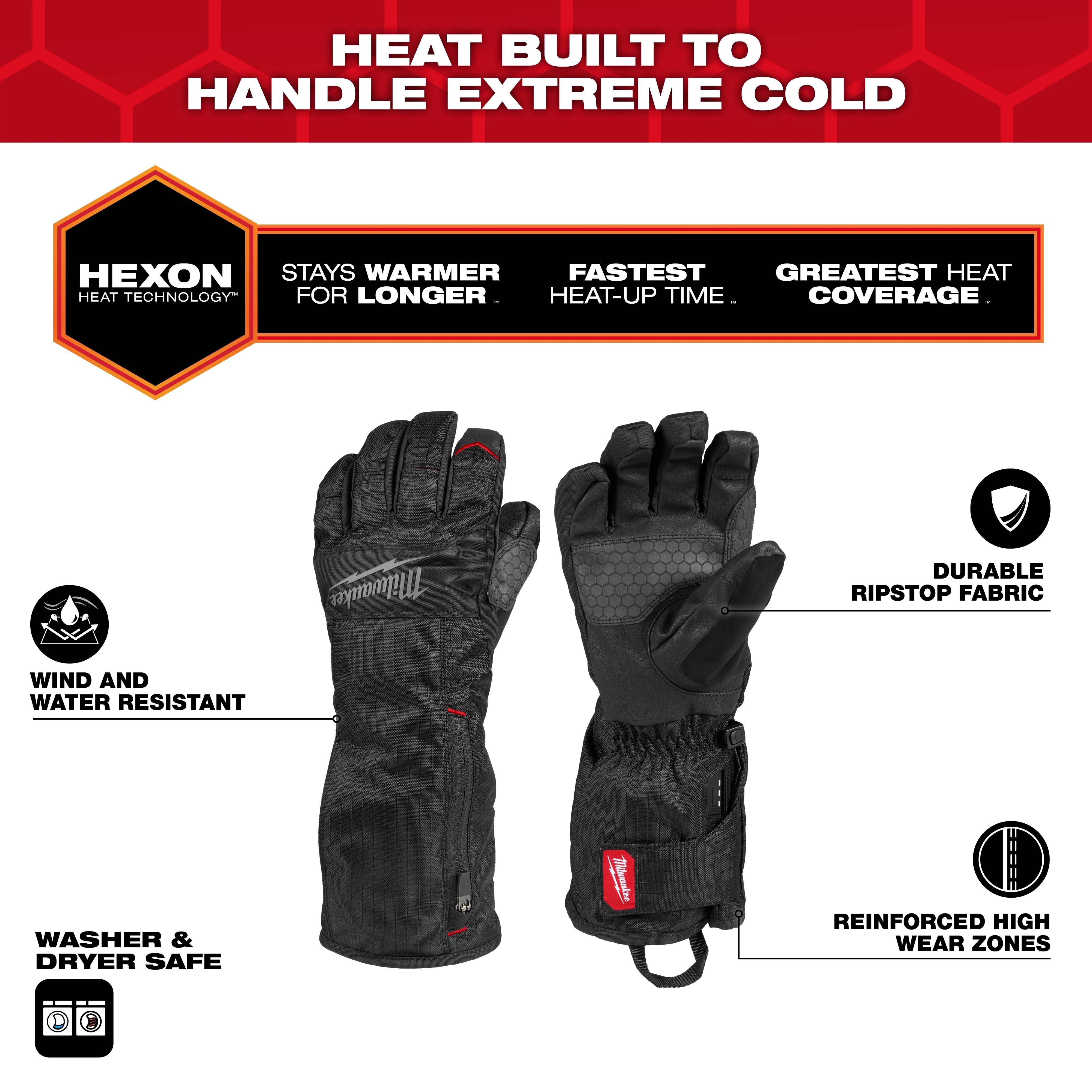 Heated Winter Gloves with Hexon Heat Technology are shown, designed for extreme cold. They feature durable ripstop fabric, reinforced high wear zones, are wind and water resistant, and are washer and dryer safe. The gloves promise long-lasting warmth and fast heat-up time.