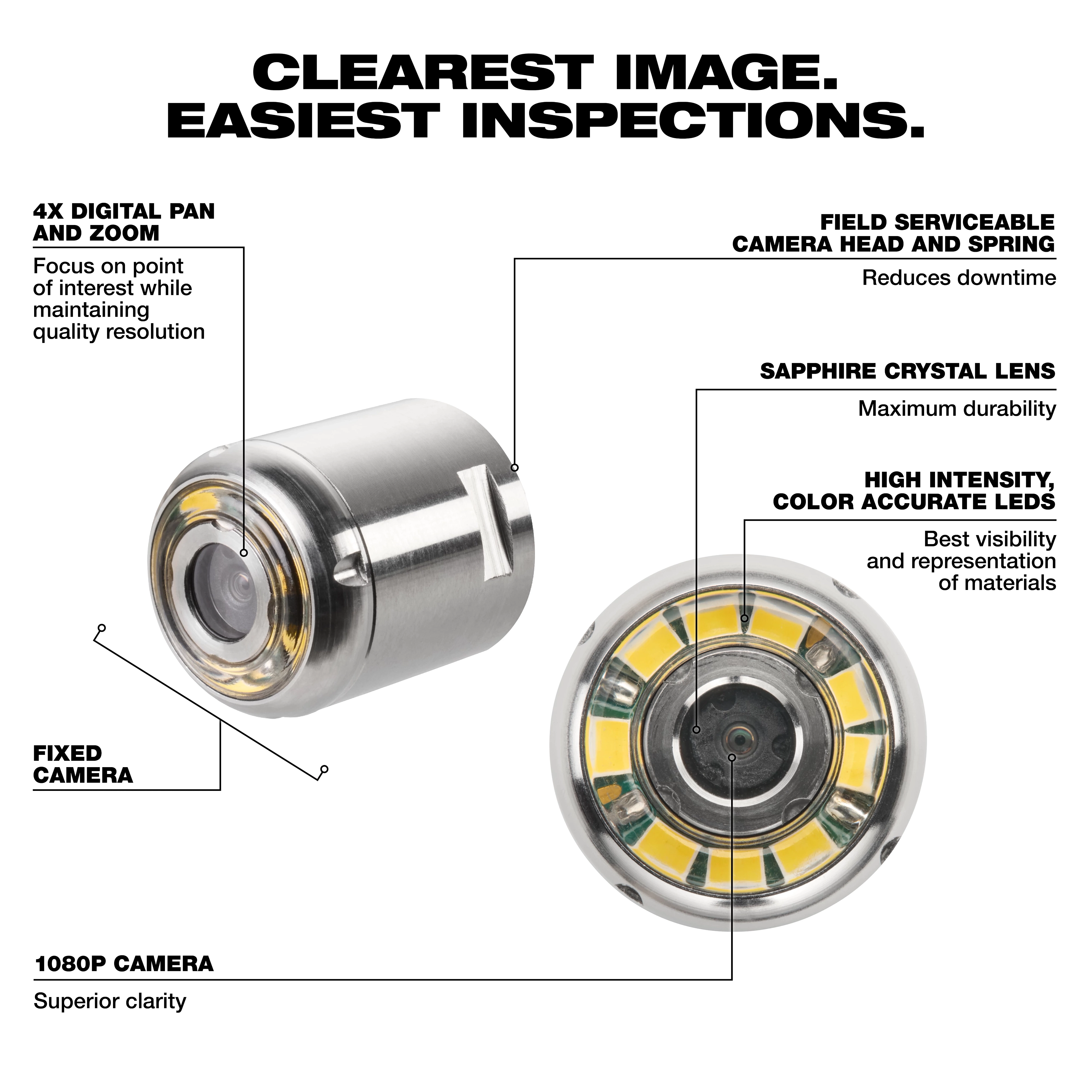 Image of a 16mm Replacement Camera Head Kit for M12™ 65’ Ultra Flex Compact Inspection Camera. Features include 4X digital pan and zoom, 1080P camera, field serviceable camera head, sapphire crystal lens, and high-intensity, color accurate LEDs. Text reads "Clearest Image. Easiest Inspections."
