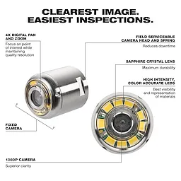 Image of a 16mm Replacement Camera Head Kit for M12™ 65’ Ultra Flex Compact Inspection Camera. Features include 4X digital pan and zoom, 1080P camera, field serviceable camera head, sapphire crystal lens, and high-intensity, color accurate LEDs. Text reads "Clearest Image. Easiest Inspections."