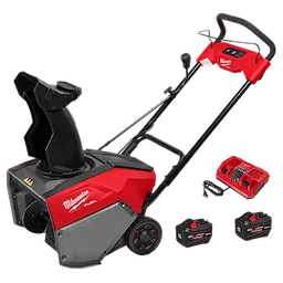 The image shows an M18 FUEL™ 21" Auger Propelled Dual Battery Single Stage Snow Blower in red and gray with a black chute. It includes two batteries and a charger, displayed beside the snow blower.