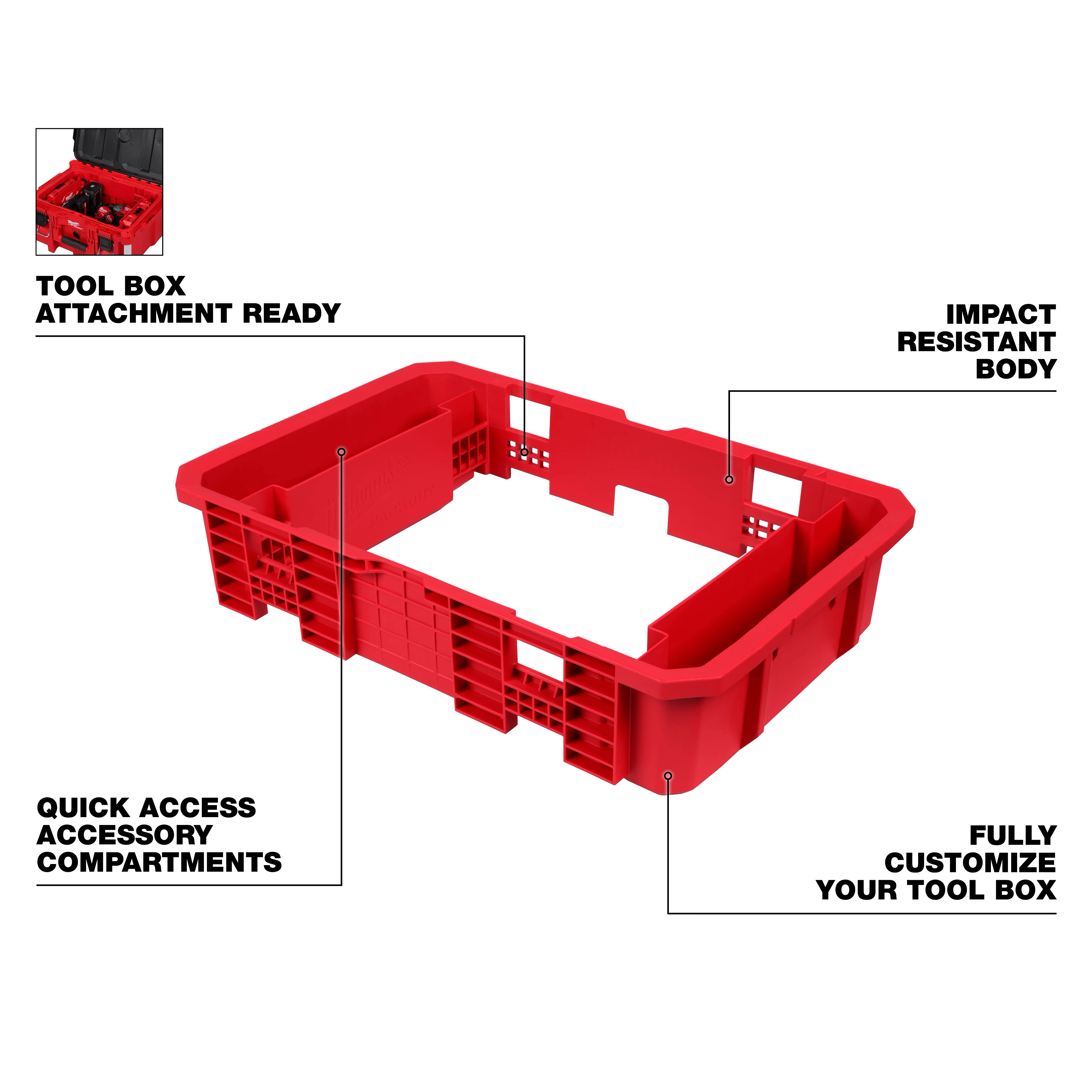 Tool Box Attachment Ready Tray for PACKOUT Tool Boxes with impact-resistant body and quick-access accessory compartments.