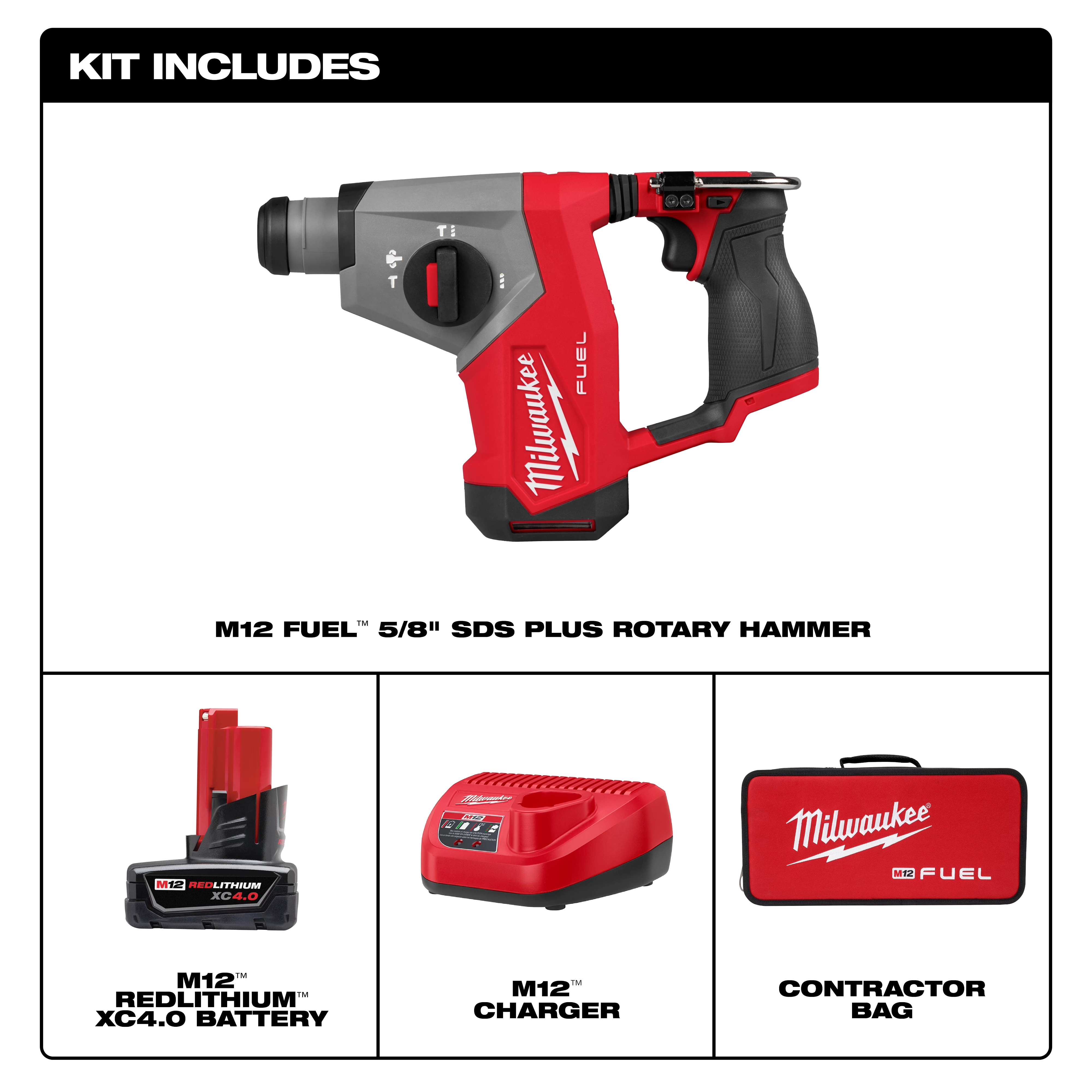 Milwaukee M12 Fuel SDS Plus rotary hammer kit includes a battery, charger, and contractor bag.