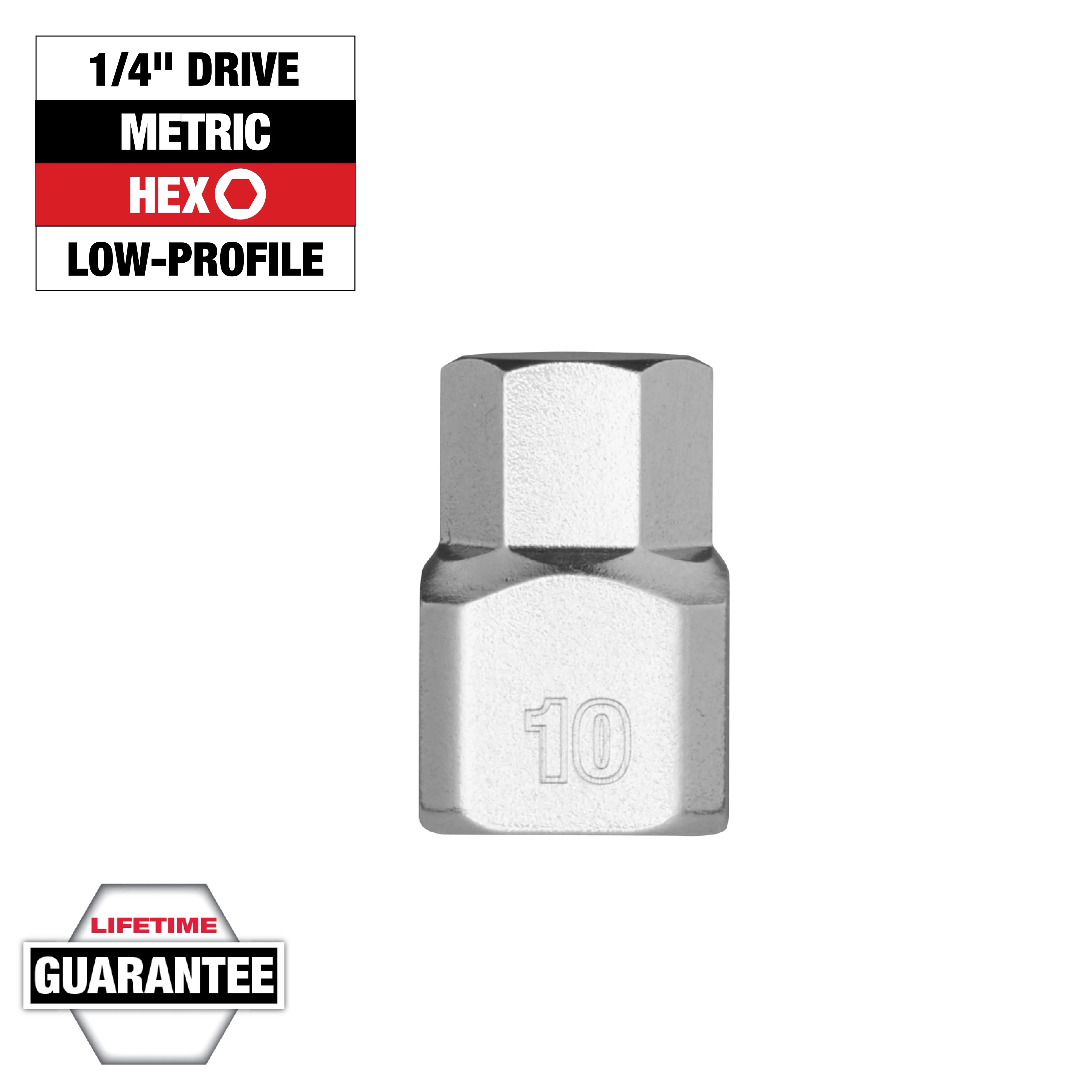 1/4" Drive 10mm Low-Profile Hex Bit Socket, featuring a lifetime guarantee label and specifications: metric hex, low-profile.