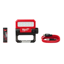 USB Rechargeable ROVER Pivoting Flood Light Kit includes a flood light, lithium-ion battery, and red USB cable with connectors.