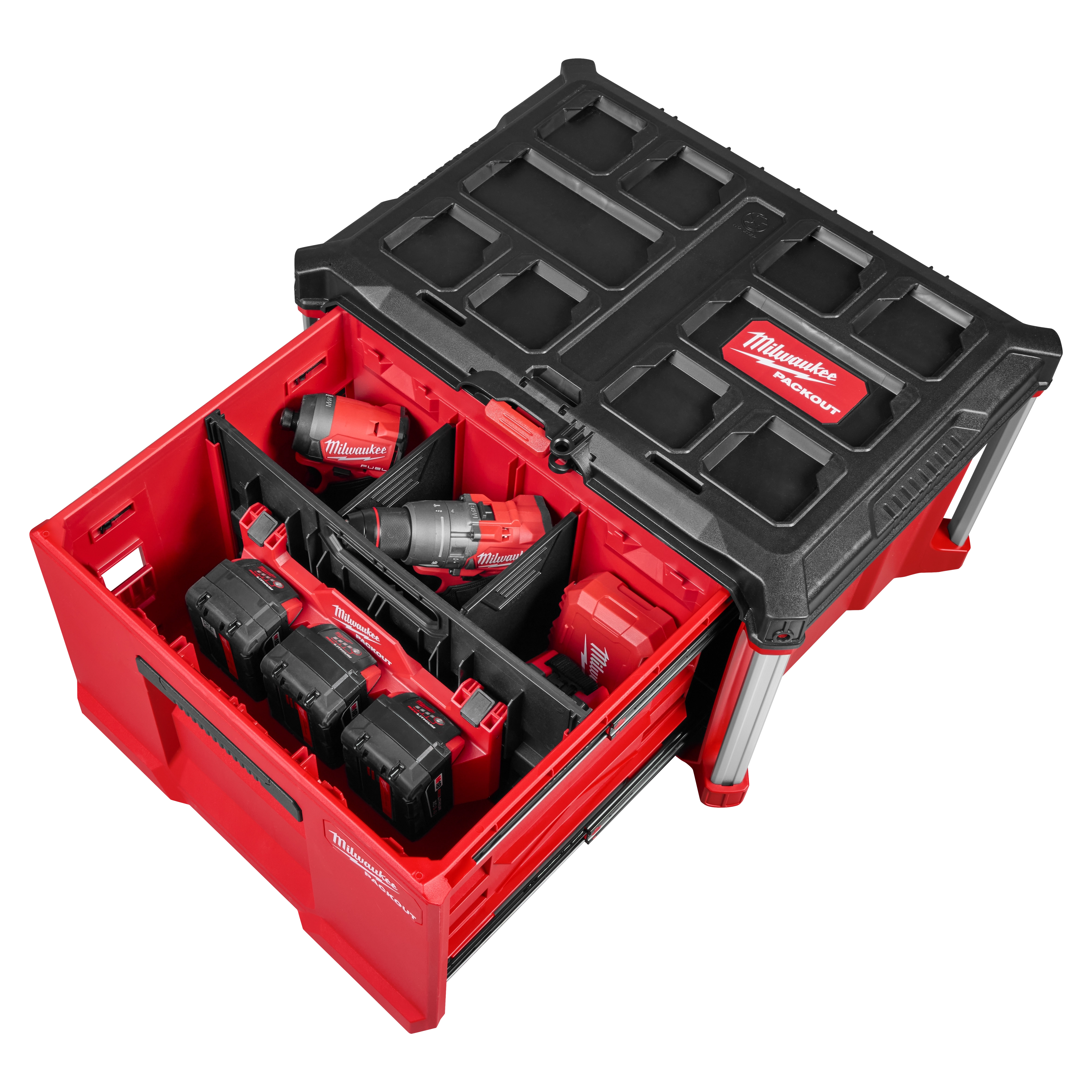 PACKOUT Single Drawer Tool Box open, showing organized power tools and batteries in divided compartments.