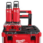 Image of the Milwaukee PACKOUT Insulated Bottles in red sitting on top of the PACKOUT Modular Storage System