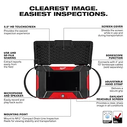 This image features an inspection device with a 5.5-inch HD touchscreen, adjustable hand strap, microphone and speaker, and USB and SD file sharing ports. It includes a daylight-readable screen, borescope function, screen cover, and a mounting point for stability. Text reads, "CLEAREST IMAGE. EASIEST INSPECTIONS."