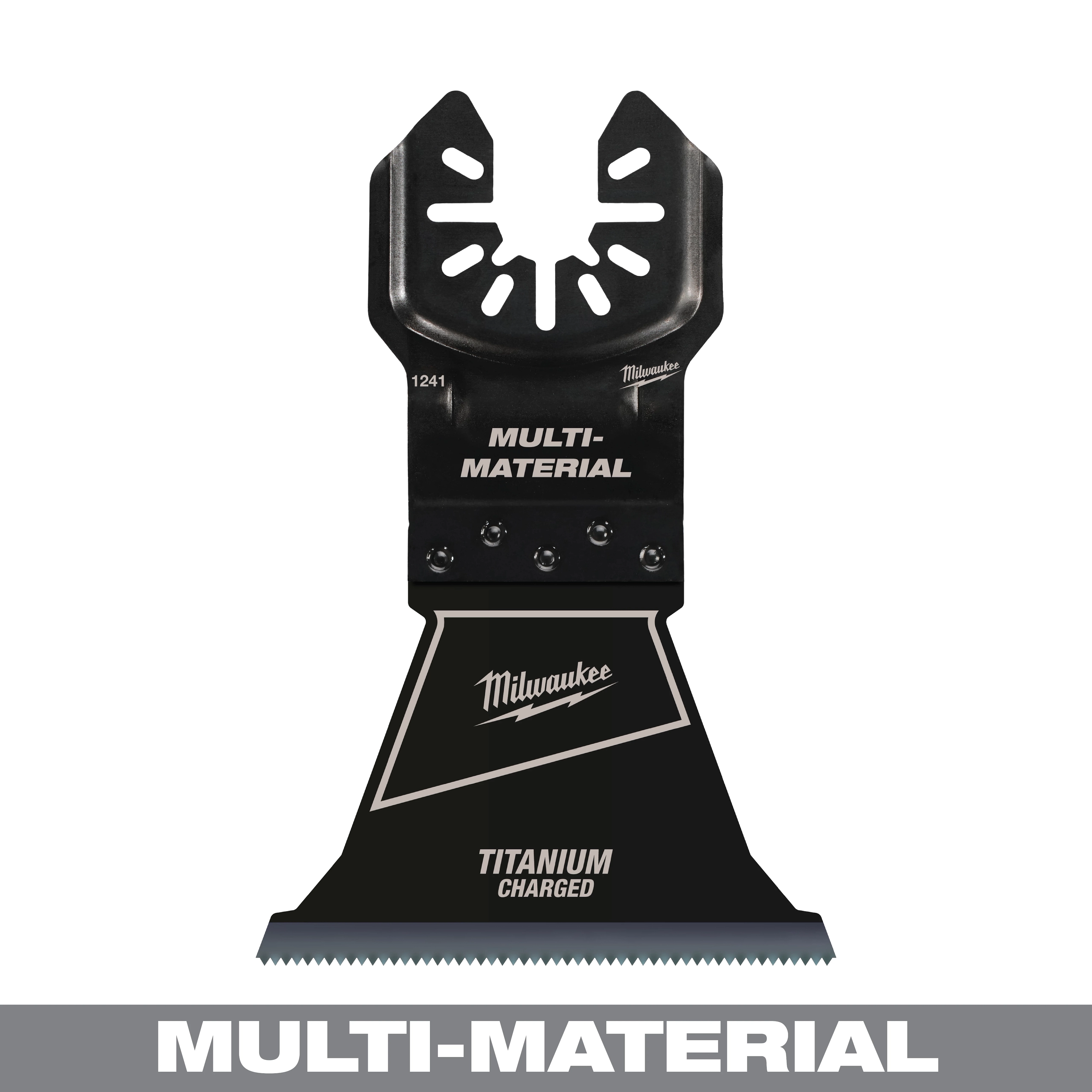 Milwaukee Open-Lok 2-1/2" titanium charged bi-metal multi-material multi-tool blade, black with white text, shown front view.