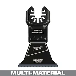 Milwaukee Open-Lok 2-1/2" titanium charged bi-metal multi-material multi-tool blade, black with white text, shown front view.