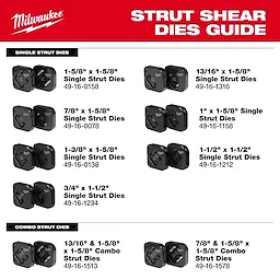 Milwaukee Strut Shear Dies Guide showing various sizes of single and combo strut dies with corresponding part numbers.
