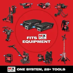 MX Fuel Equipment image displaying various power tools arranged in a circle around two MX Fuel batteries. The text reads: "Fits MX Fuel Equipment" and "One System, 25+ Tools." The tools include a concrete saw, tower light, breaker, and more, all against a red background.