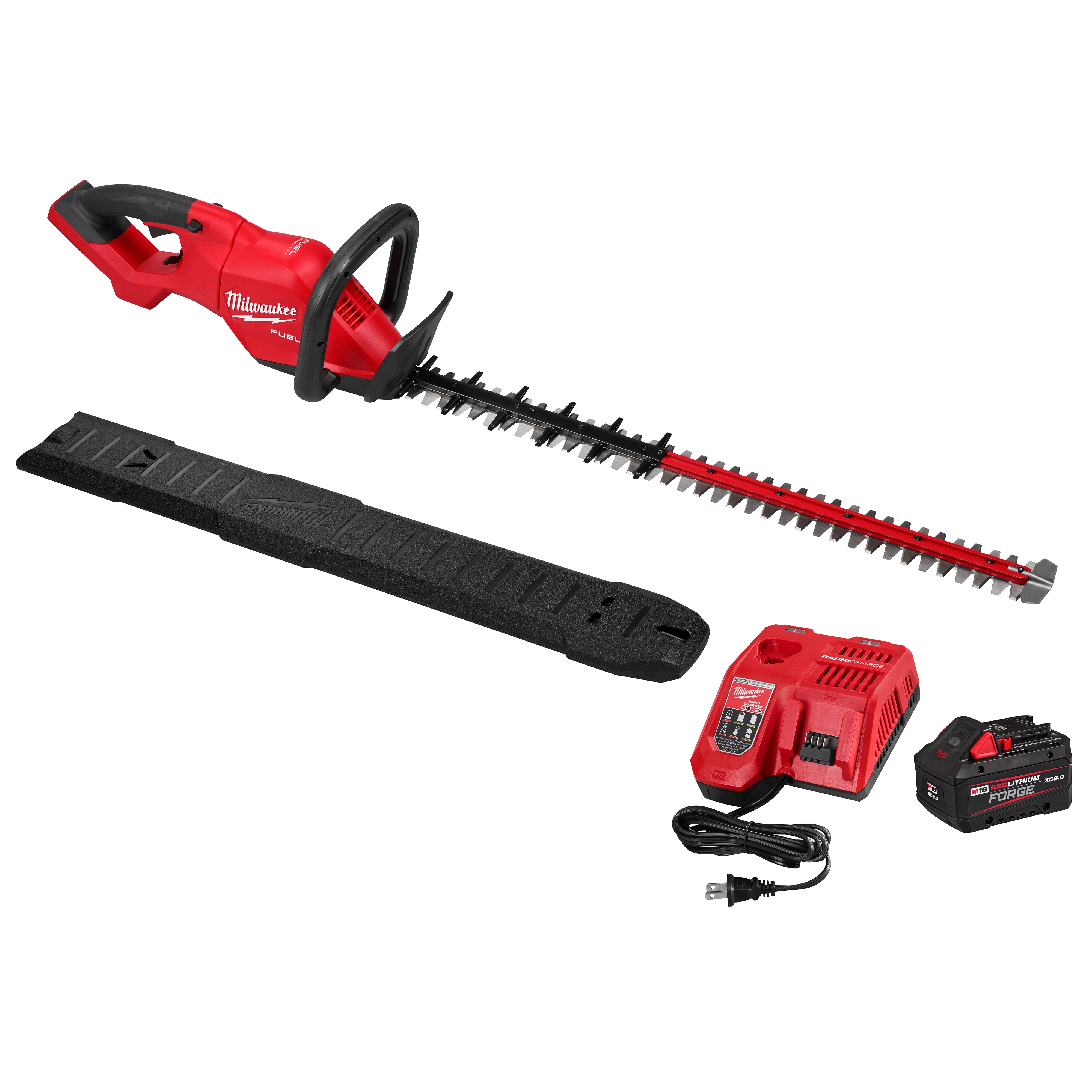 Image of the M18 FUEL™ 30" Hedge Trimmer Kit, which includes a red and black hedge trimmer, black protective blade cover, red battery charger, black power cord, and black battery.